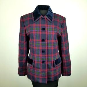 Kasper Co. ASL Women's Red Blue Plaid Velvet Wool Blend Blazer Sz 6 Lined VTG